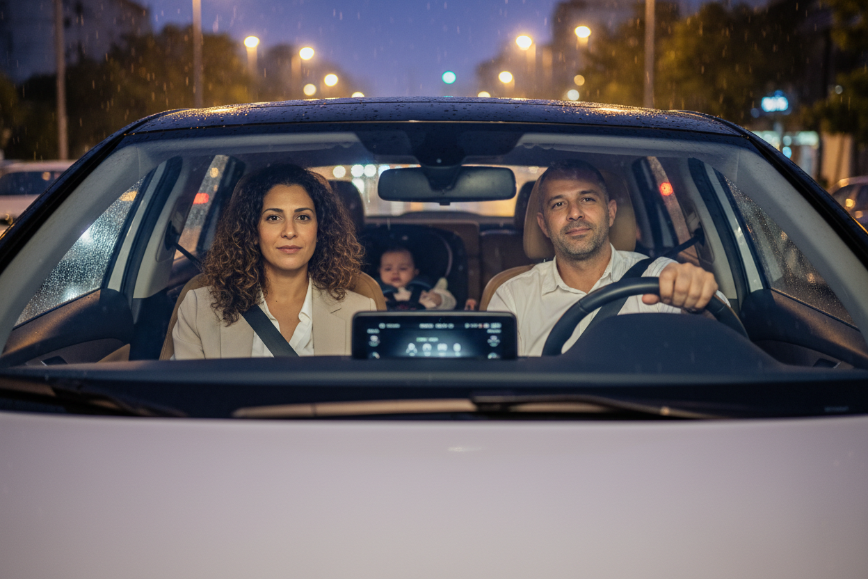 Ultra-realistic, premium lifestyle photo inside a modern family car in Israel on a rainy evening.
An Israeli adult woman is driving, natural Mediterranean look, curly dark hair, warm Middle-Eastern facial features, calm and confident.
An Israeli adult man is sitting next to her, relaxed, subtle stubble, Mediterranean appearance.
In the back seat, a small baby is sitting in a safety car seat, softly visible and slightly blurred, not the focus.
Outside the windshield, rain and soft city lights typical of an I